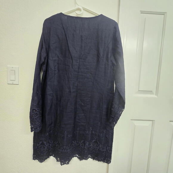 NWT Malvin 100%Linen DarkNavy Long Sleeve Shift Tunic Dress V-neck Embroidered L - Picture 8 of 9